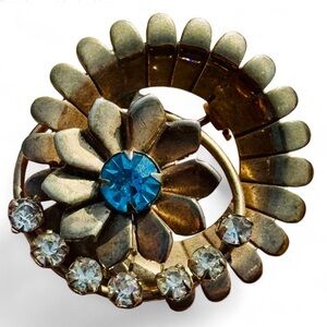 Vintage Gold Tone Abstract Flower Brooch Pin with Blue and Clear Rhinestones